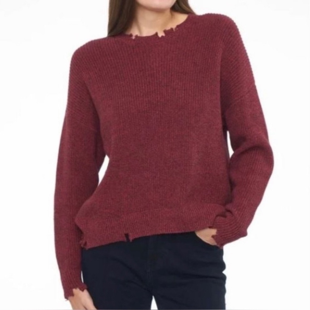 *NWT* Pistola Eva Frayed Edge Rib Knit Cotton Crewneck Sweater Cherry Black Marl